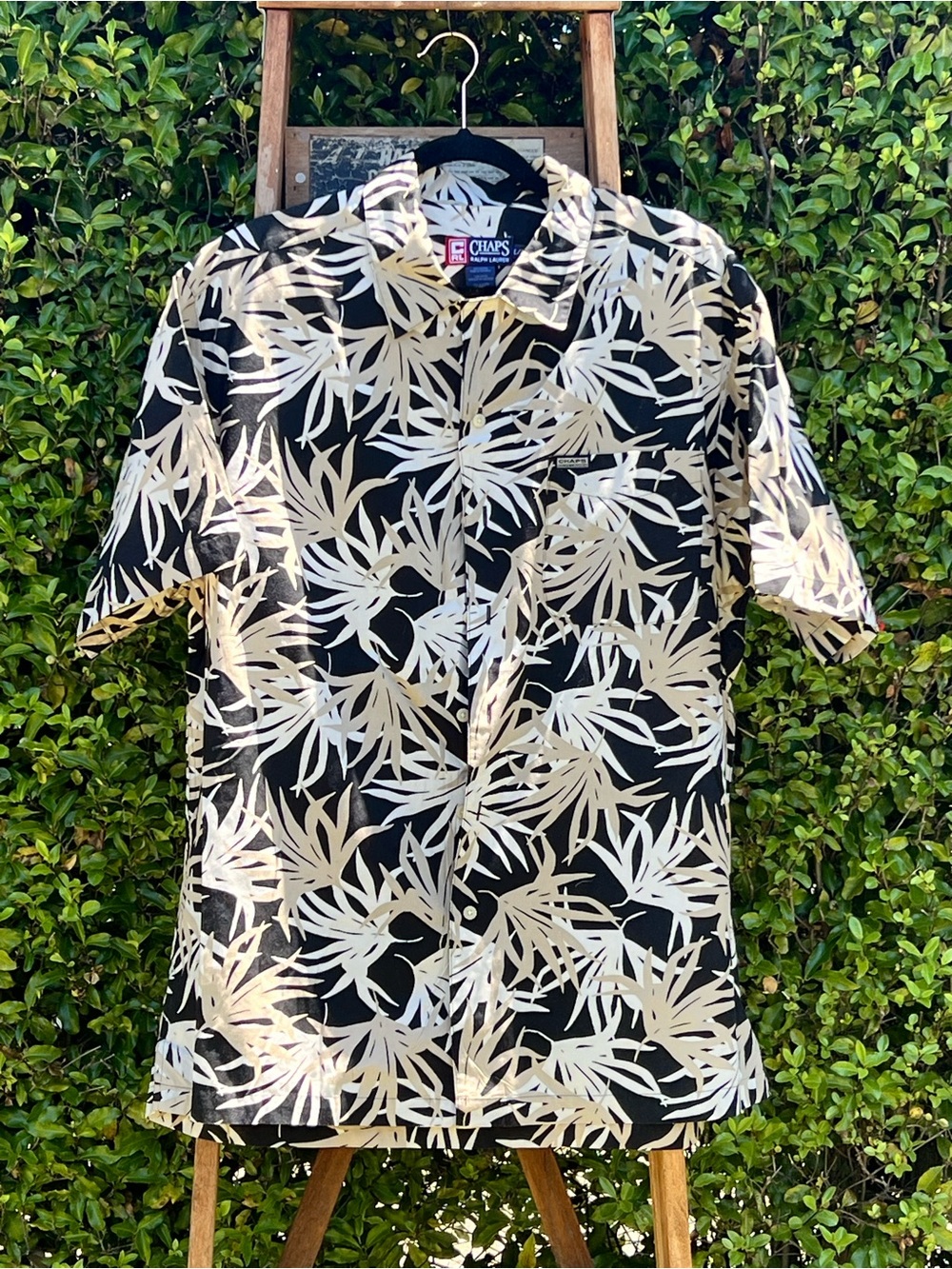 Chaps Ralph Lauren Hawaiian Aloha Black Taupe Tropical Leaf Print Button up Sz L